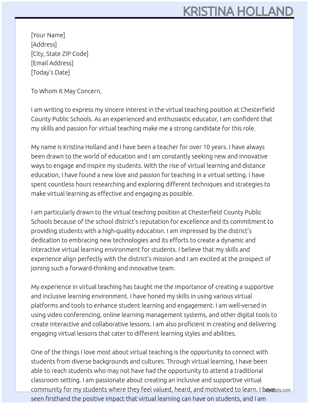 Teacher At Chesterfield County Public Schools Cover Letter