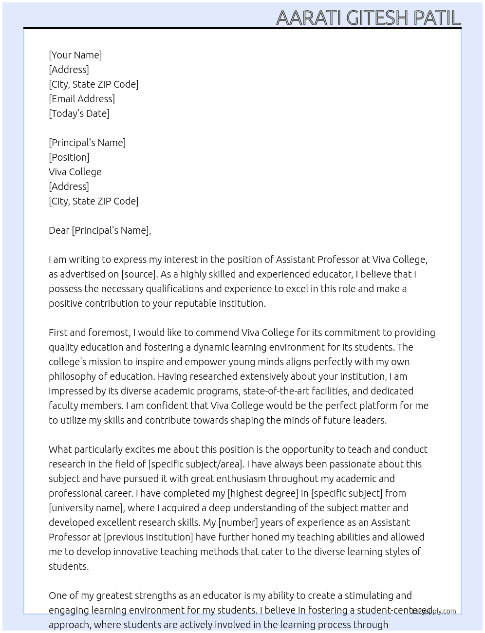 Assistant Professor  At Viva College  Cover Letter