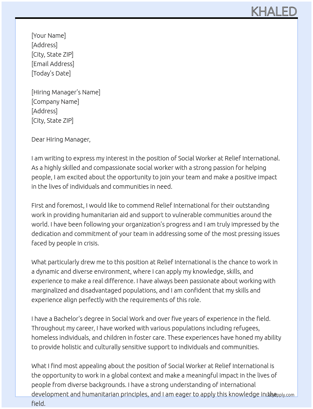 Social Worker At Relief International Cover Letter
