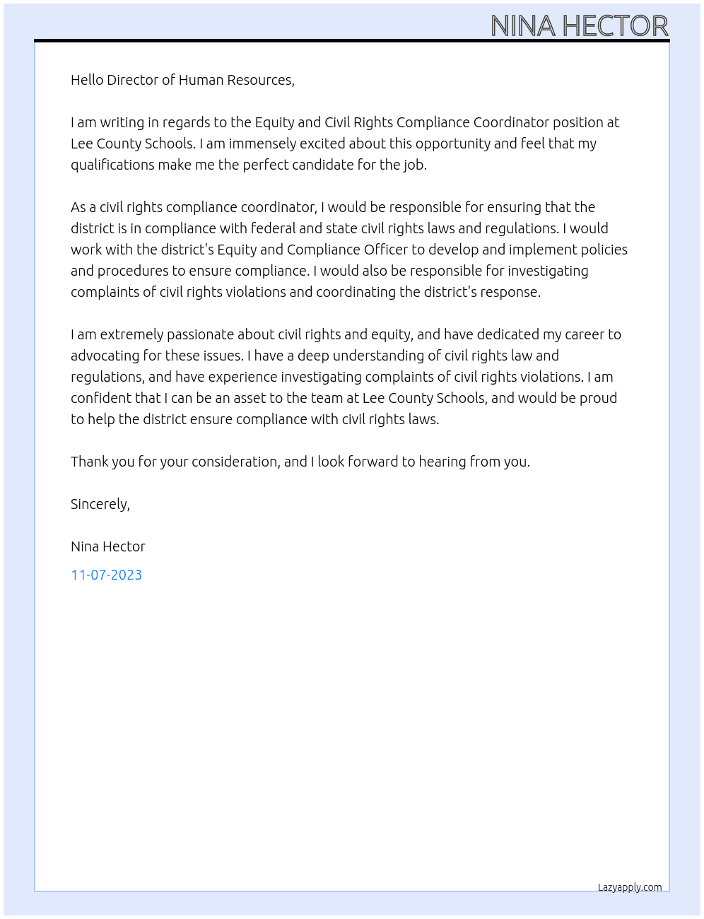 Equity and Civil Rights Compliance Coordinator At Lee County Schools, Lee County Florida Cover Letter