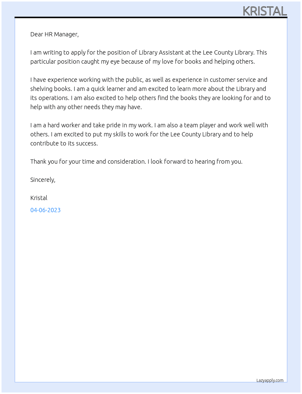 library assistant At Lee County Library Cover Letter