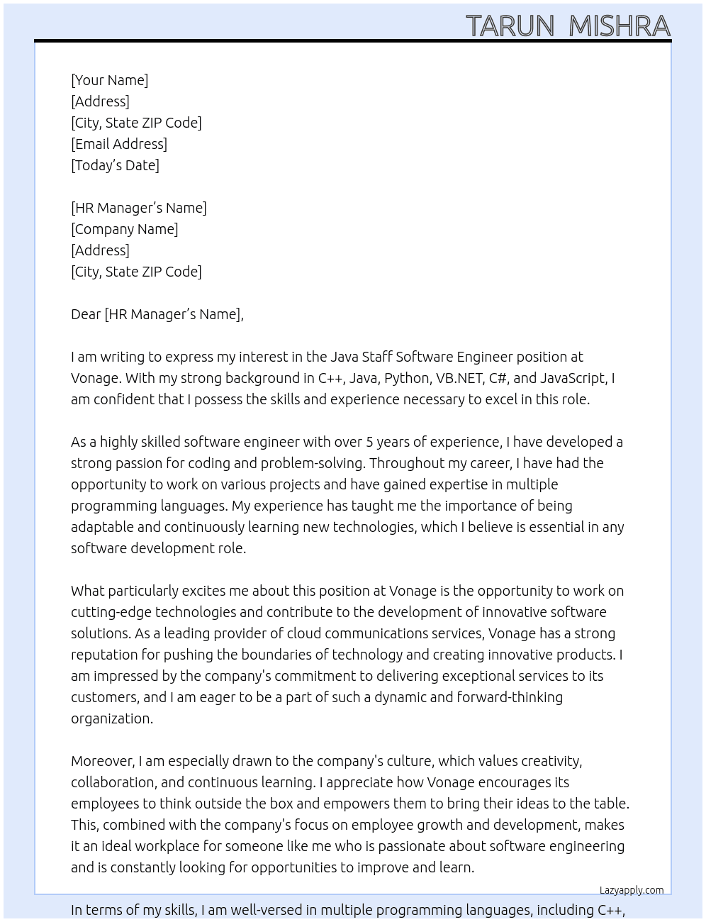 Java Staff Software Engineer At Vonage Cover Letter