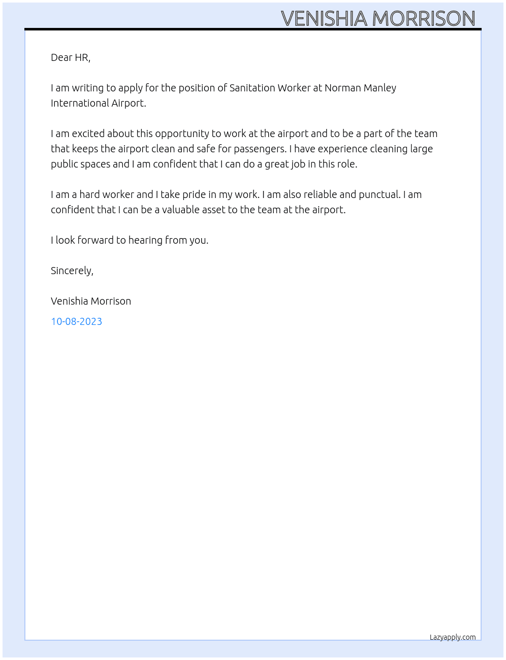 Sanitation Worker At Norman Manley International Airport  Cover Letter