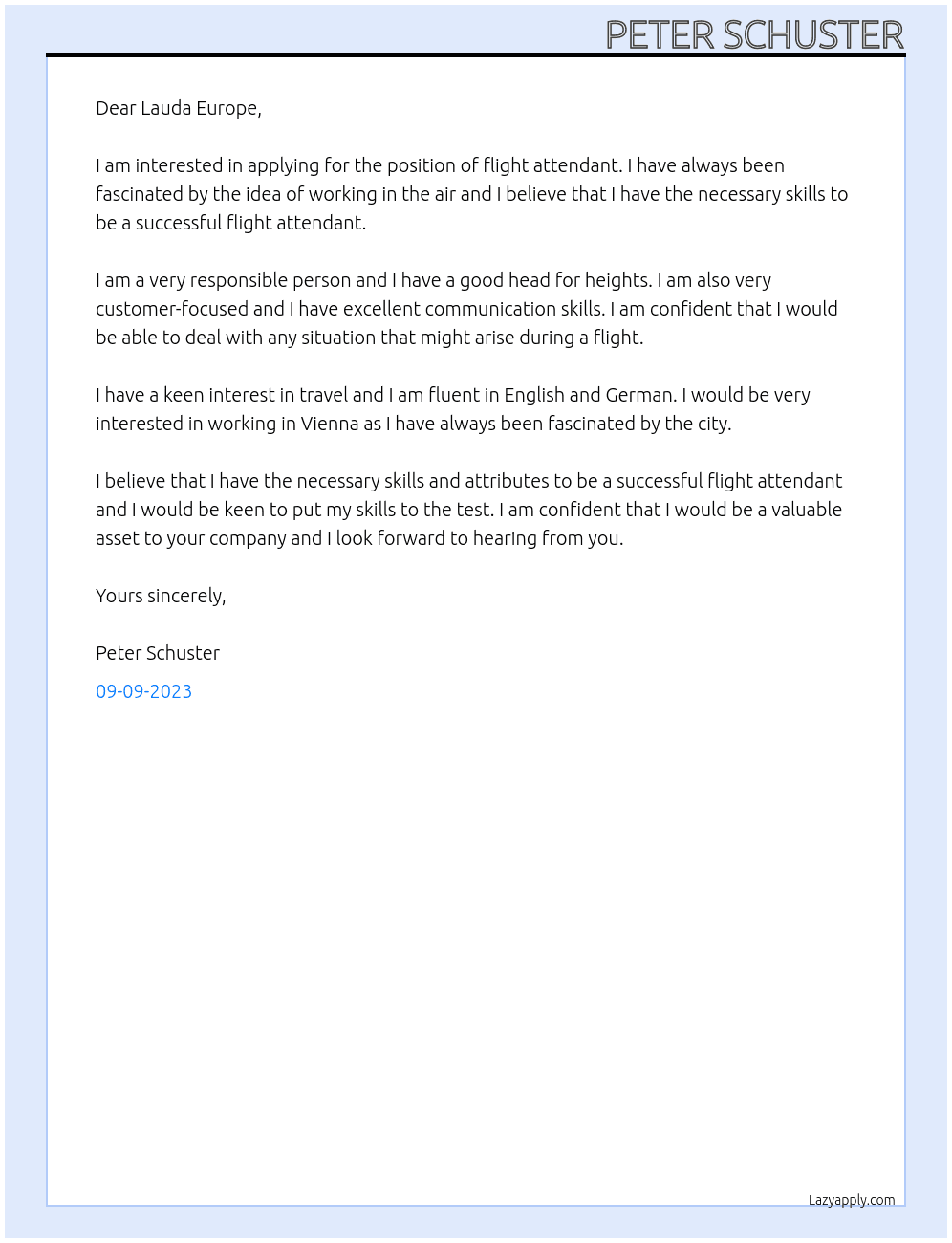 flight attentant At  Lauda Europe Cover Letter