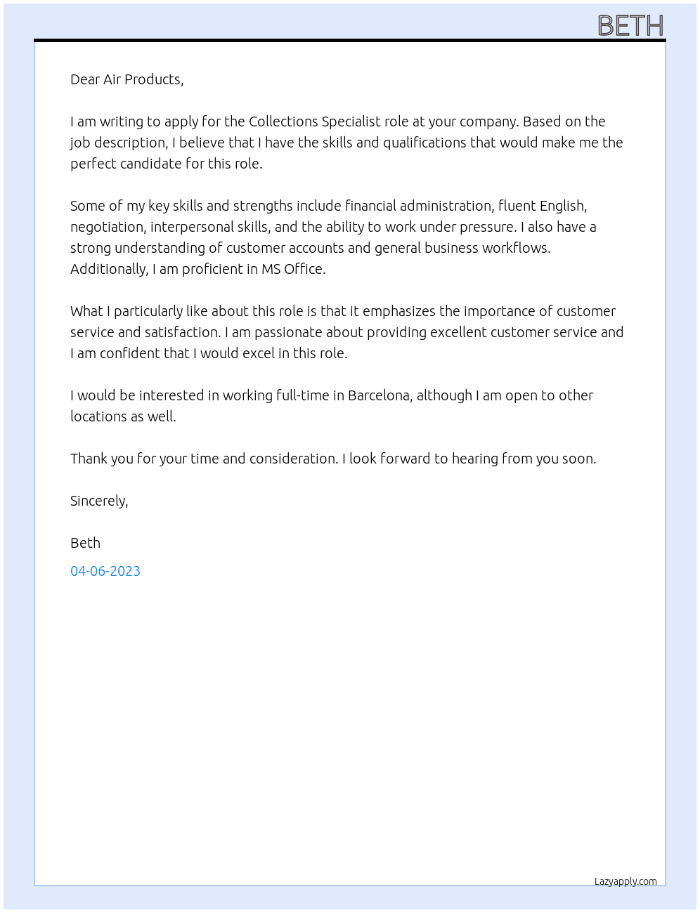 Collections Specialist At Air Products Cover Letter