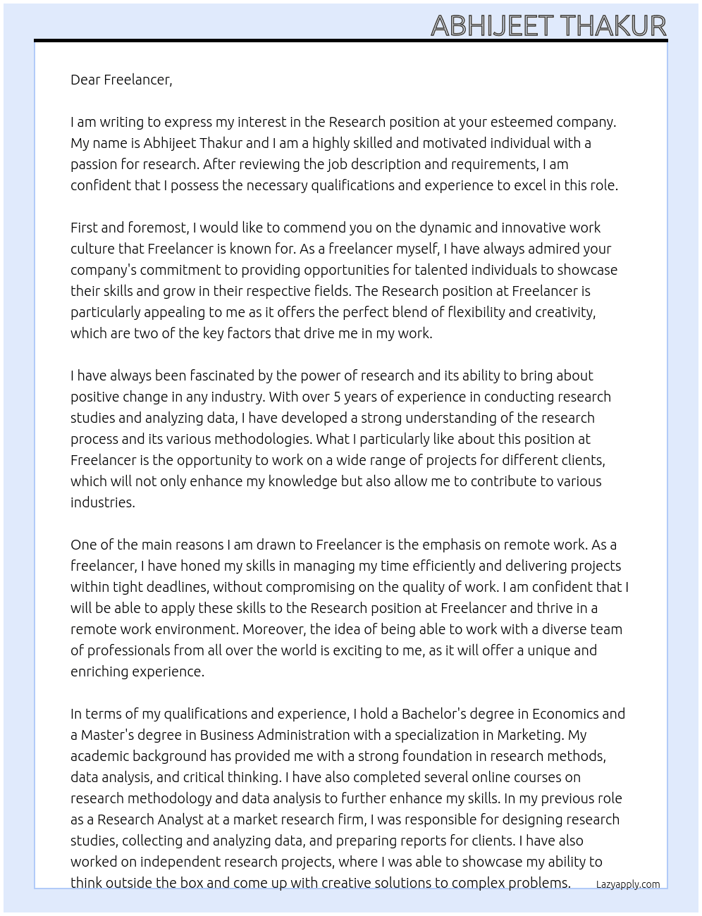 research At freelancer Cover Letter