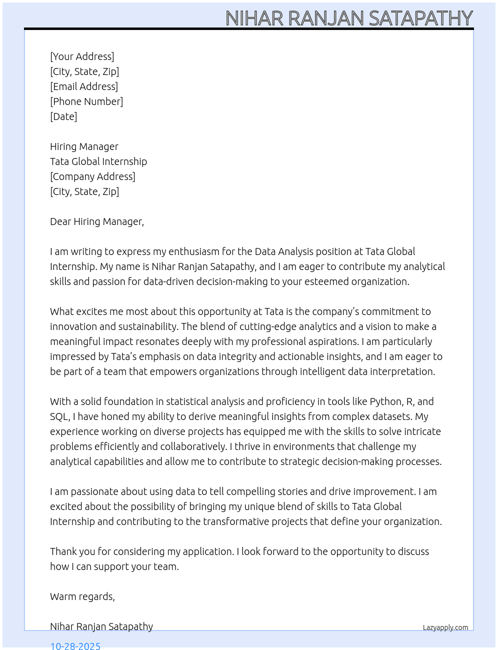 Data analysis  At Tata global internship  Cover Letter