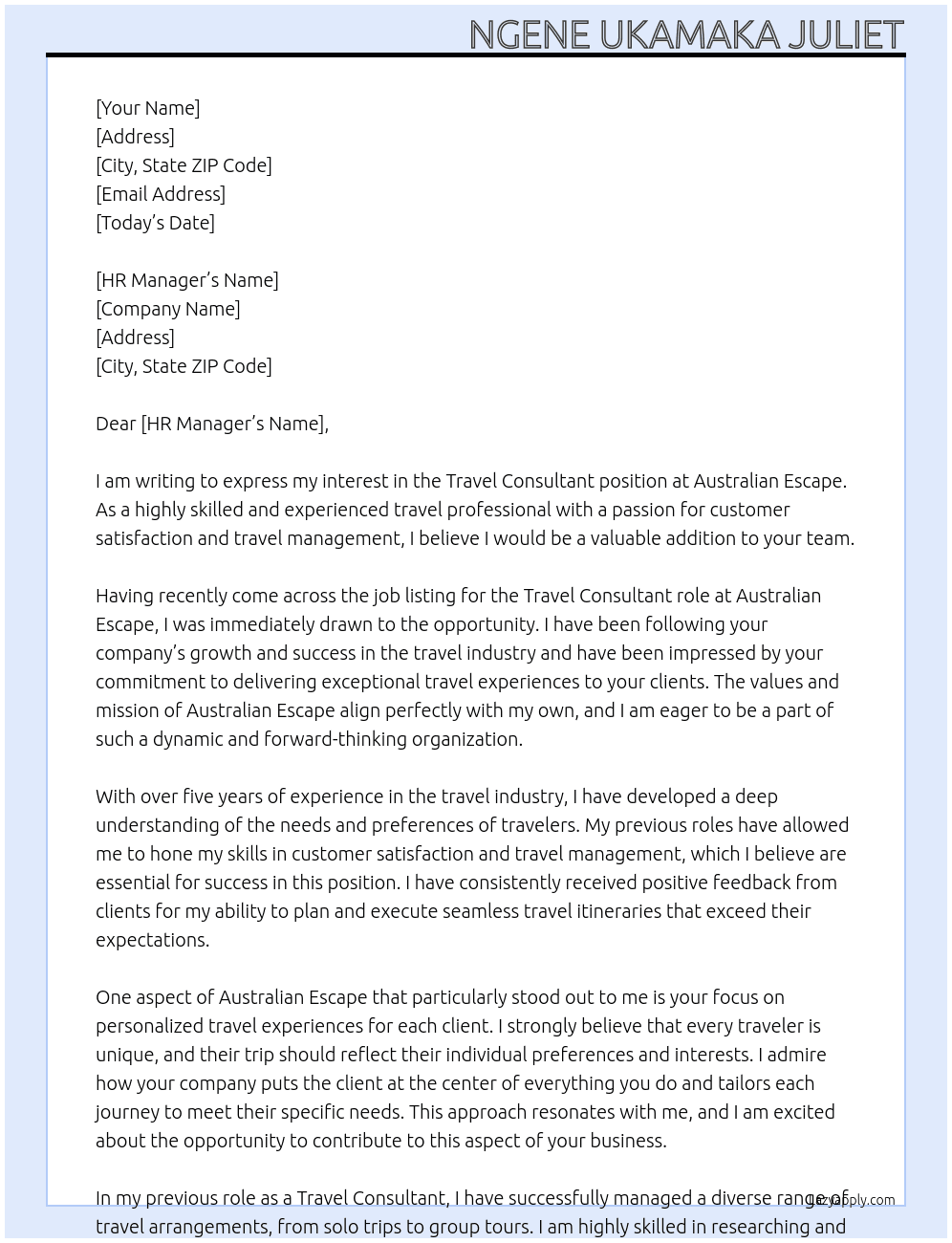 Travel consultant At Australian Escape Cover Letter