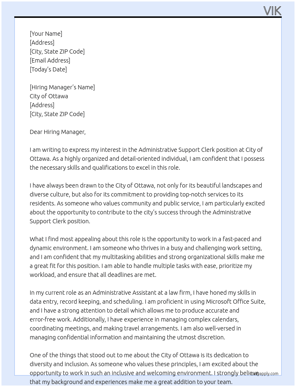 Administrative Support Clerk At City of Ottawa Cover Letter