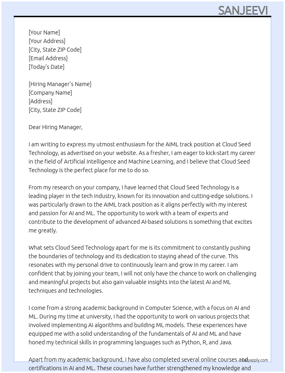 AIML track as a fresher At Cloud seed technology  Cover Letter