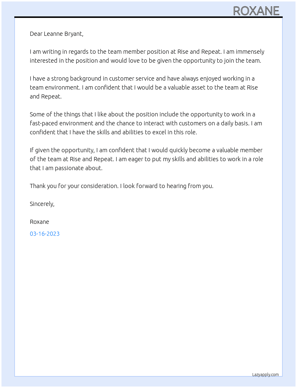 team member  At Rise and repeat  Cover Letter