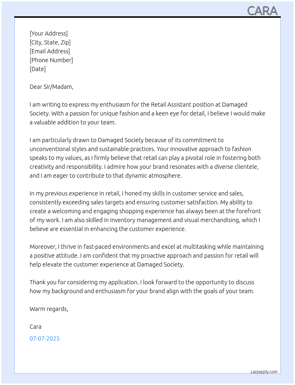 retail assistant  At damaged society  Cover Letter