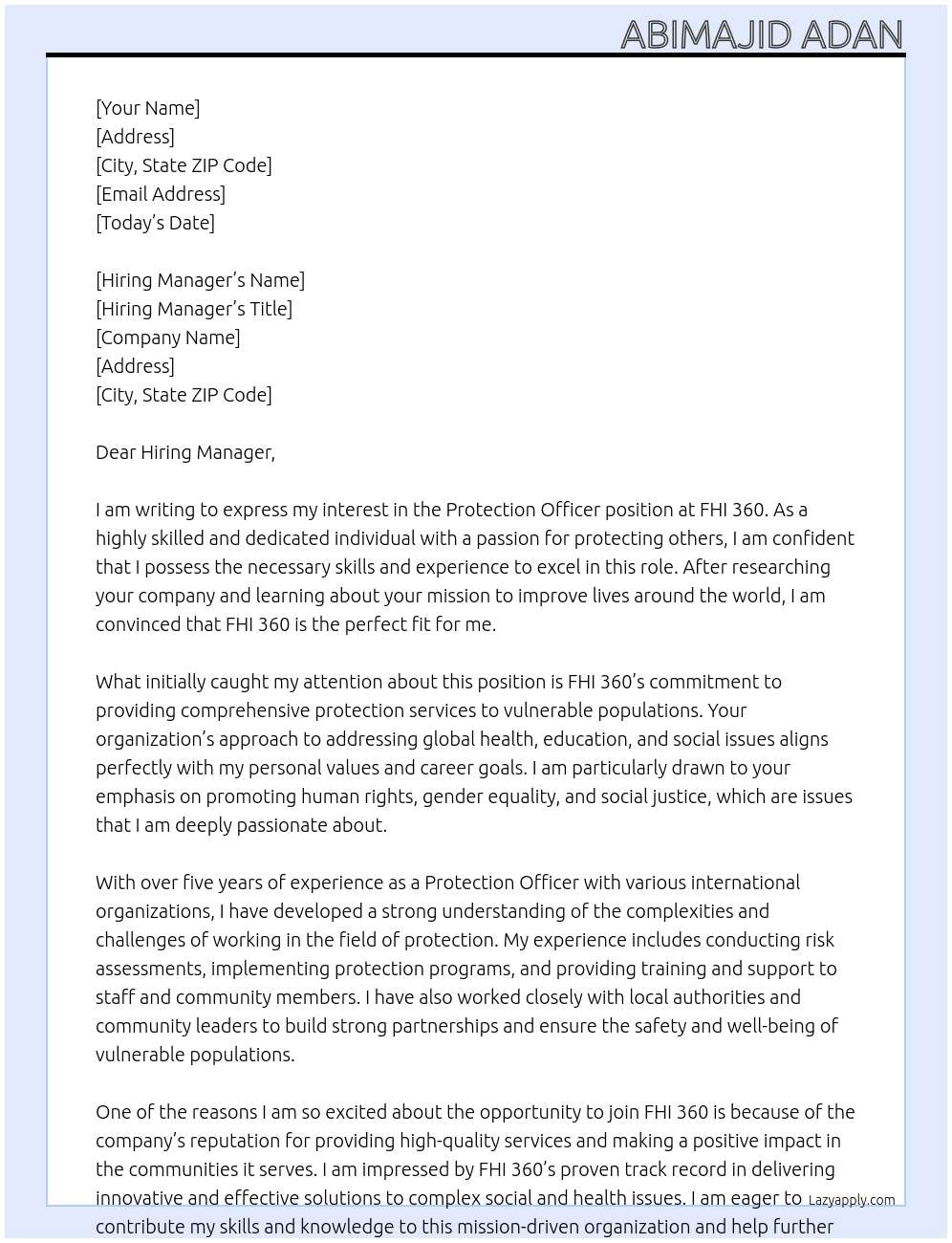 Protection Officer At FHI 360 Cover Letter
