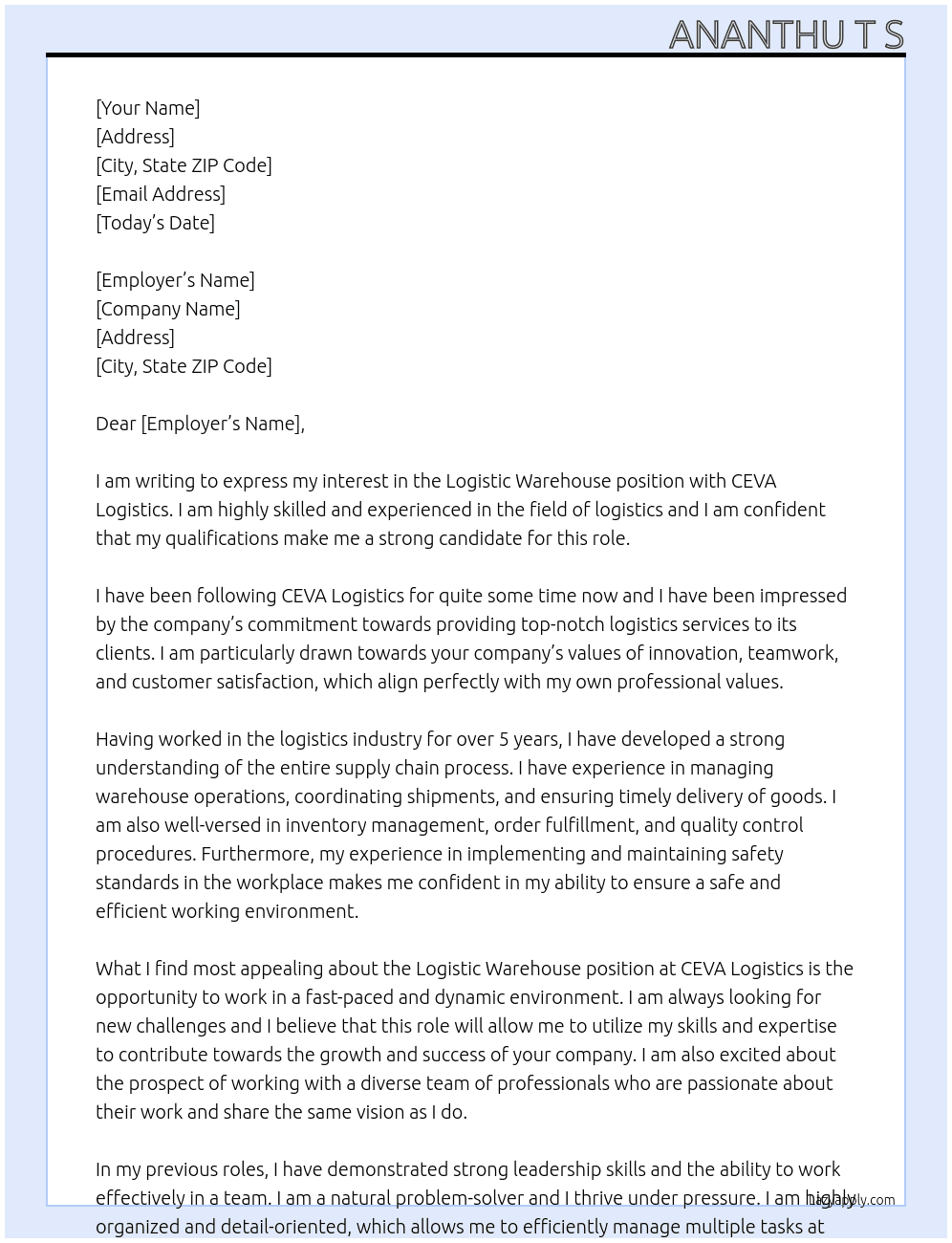 Logistic warehouse At CEVA Logistics Cover Letter
