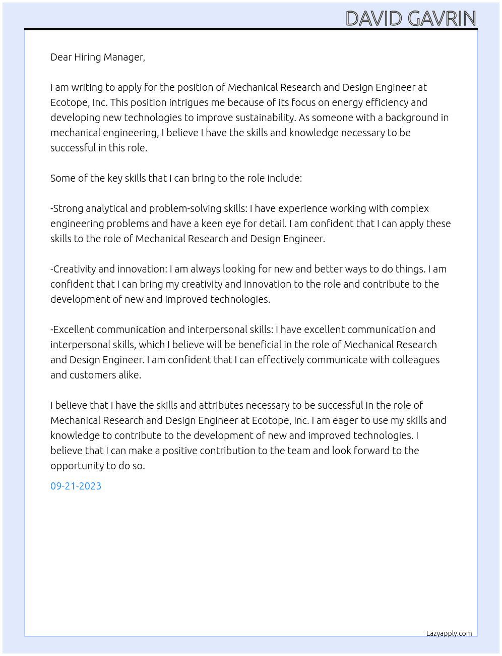Mechanical Research and Design Engineer At Ecotope, Inc Cover Letter