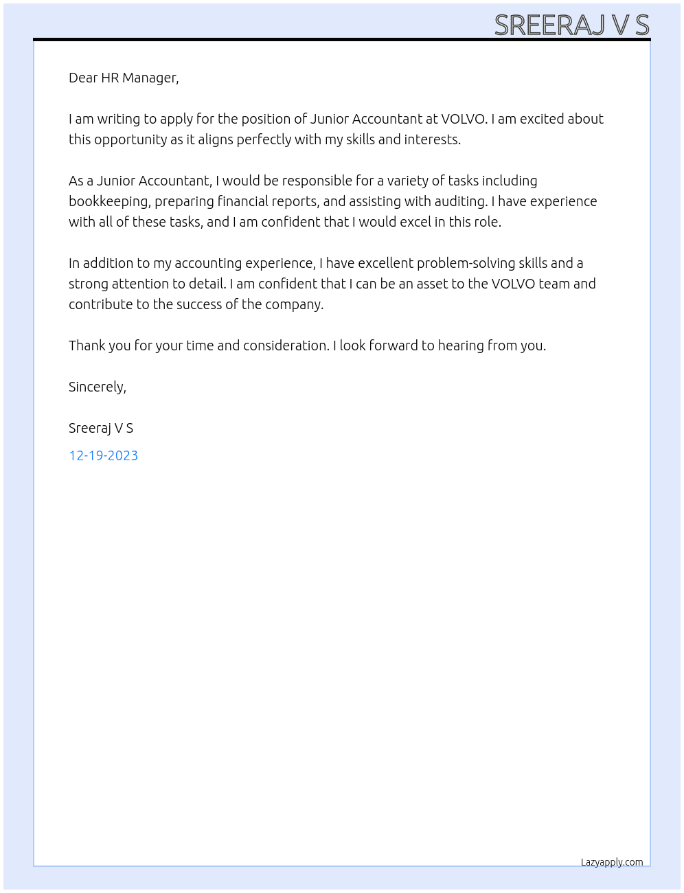 Junior Accountant At VOLVO Cover Letter