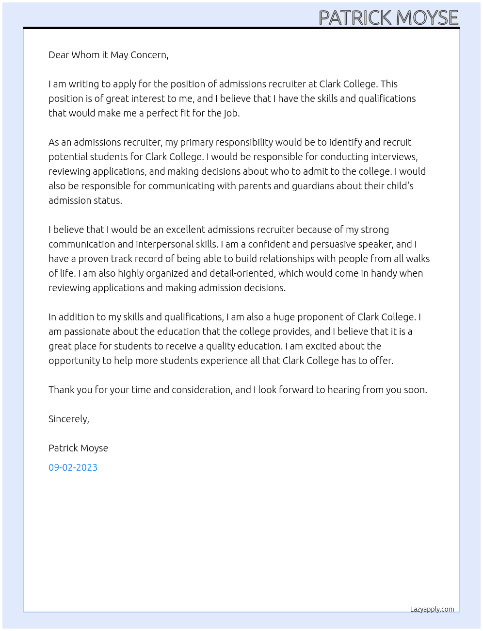 admissions recruiter At Clark College Cover Letter