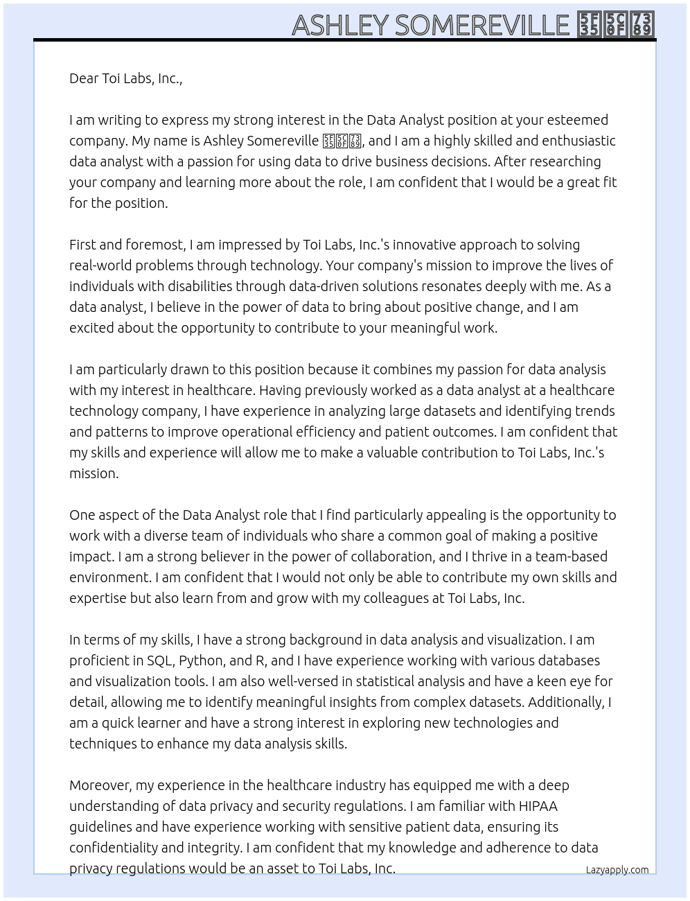 Data Analyst At Toi Labs, Inc. Cover Letter