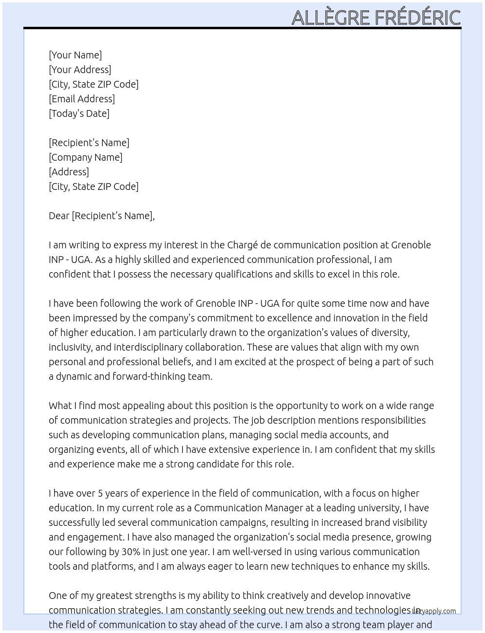 Chargé de communication At Grenoble INP - UGA Cover Letter