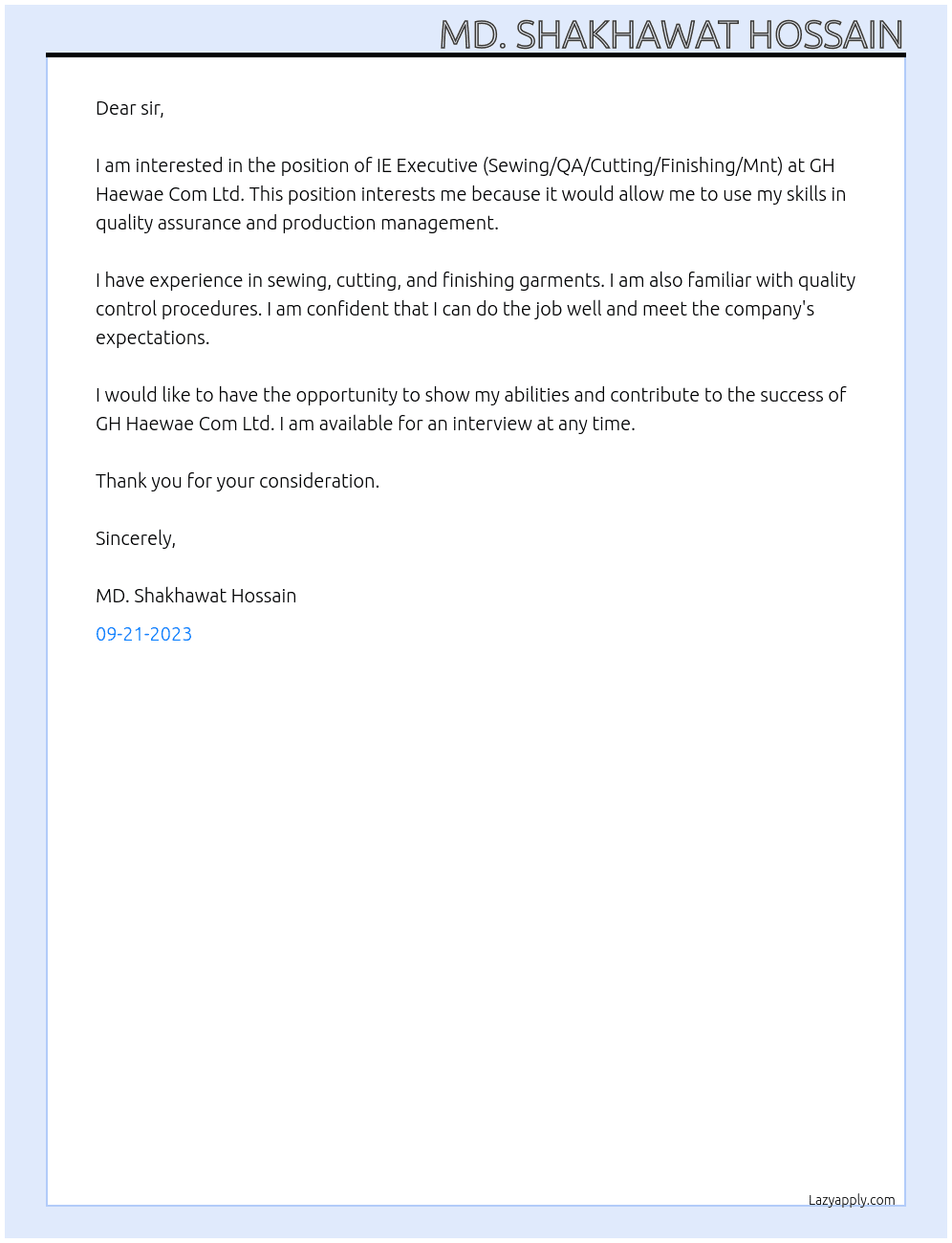 IE Executive (Sewing/QA/Cutting/Finishing/Mnt) At GH Haewae Com Ltd Cover Letter