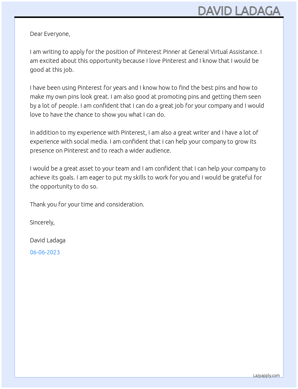 Pinterest Pinner  At General Virtual Assistance  Cover Letter