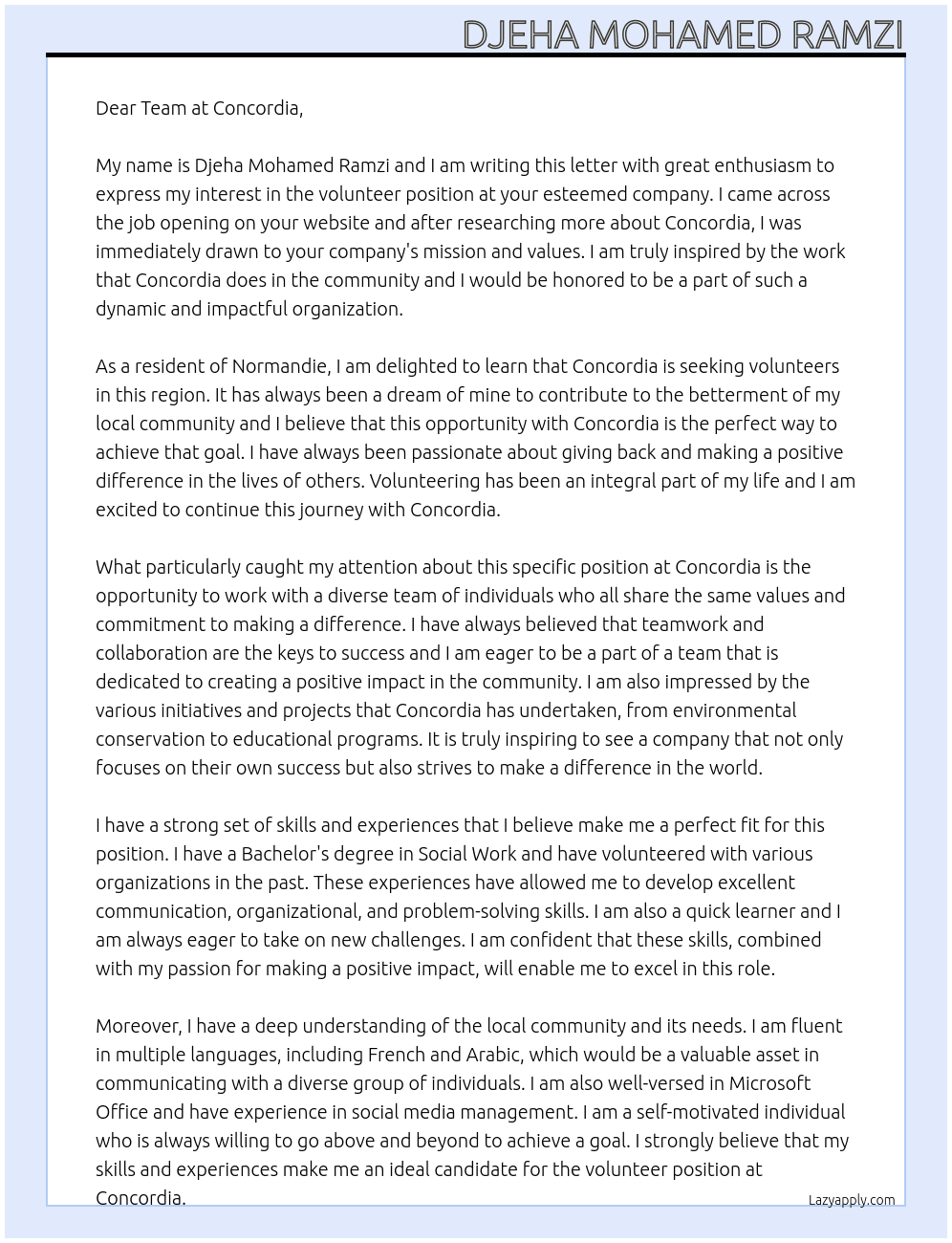 volunteer  At Conocrdia Cover Letter