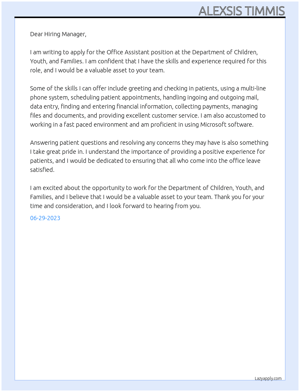 Office Assistant At Department of Children, Youth, and Families Cover Letter