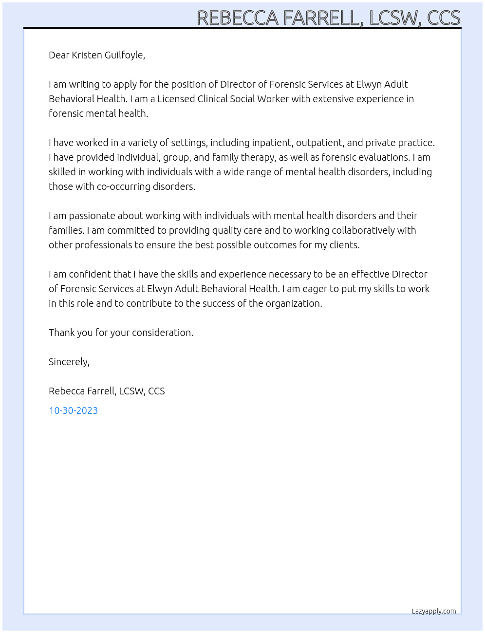 Director of Forensic Services At Elwyn Adult Behavioral Health Cover Letter