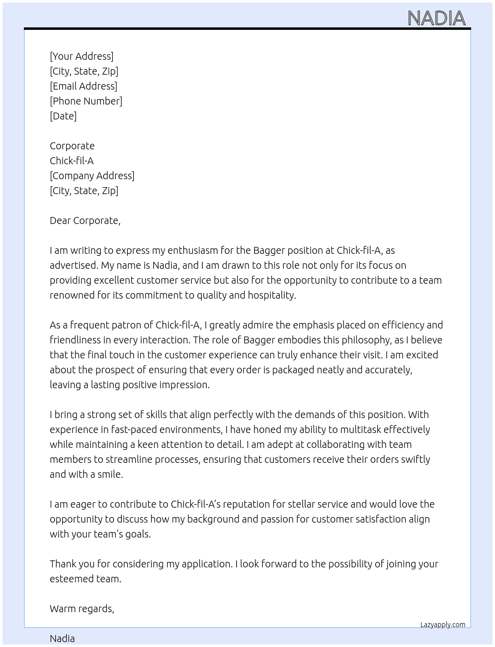Bagger At Chick fil a Cover Letter