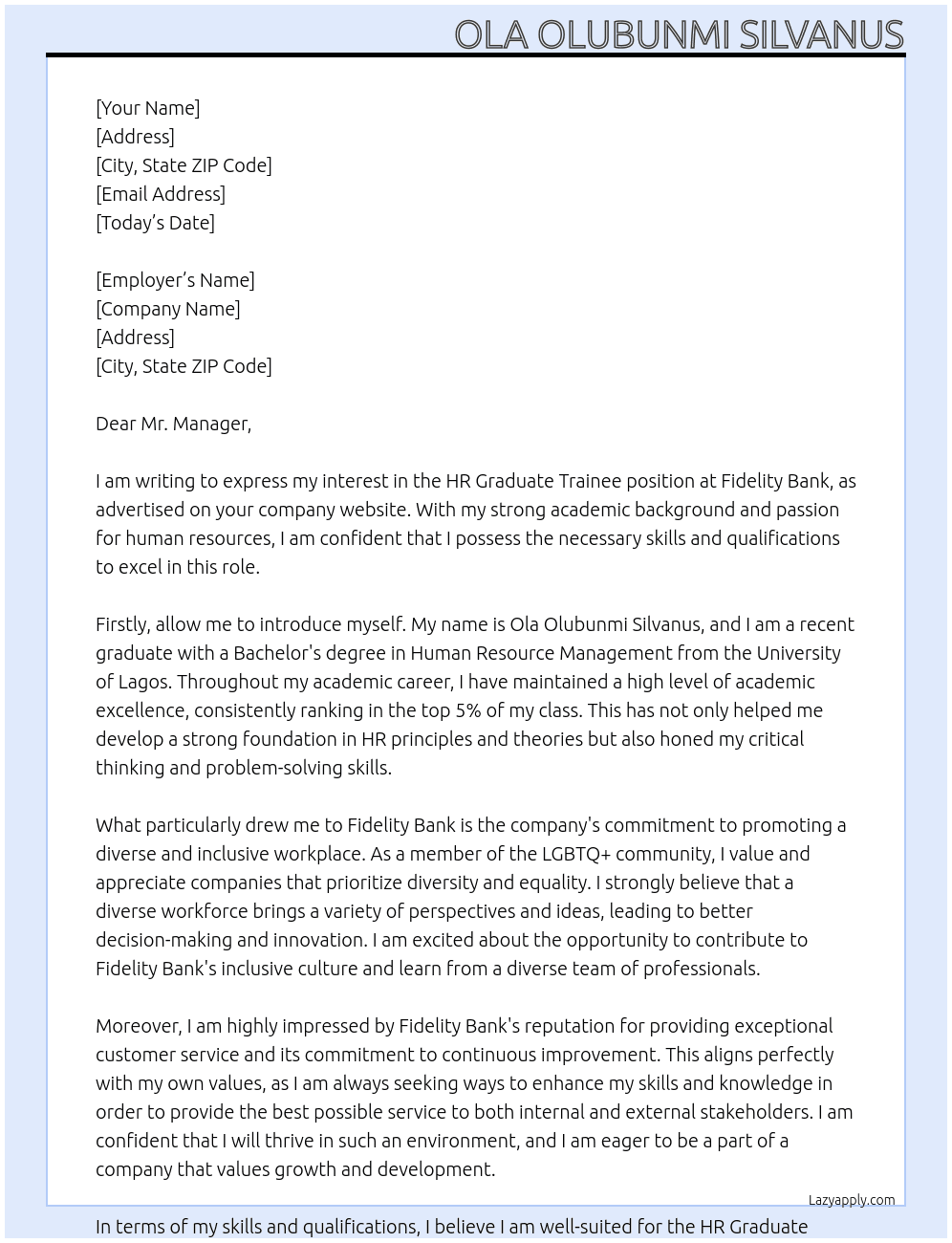 HrGraduate trainee At Fidelity Bank Cover Letter