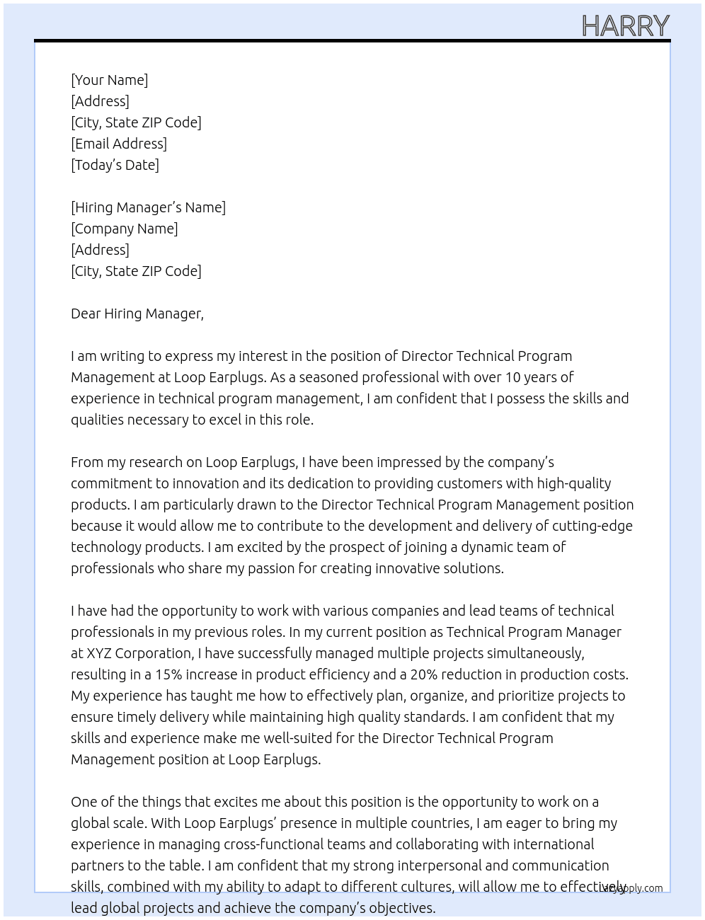 DIRECTOR TECHNICAL PROGRAM MANAGEMENT At Loop Earplugs Cover Letter