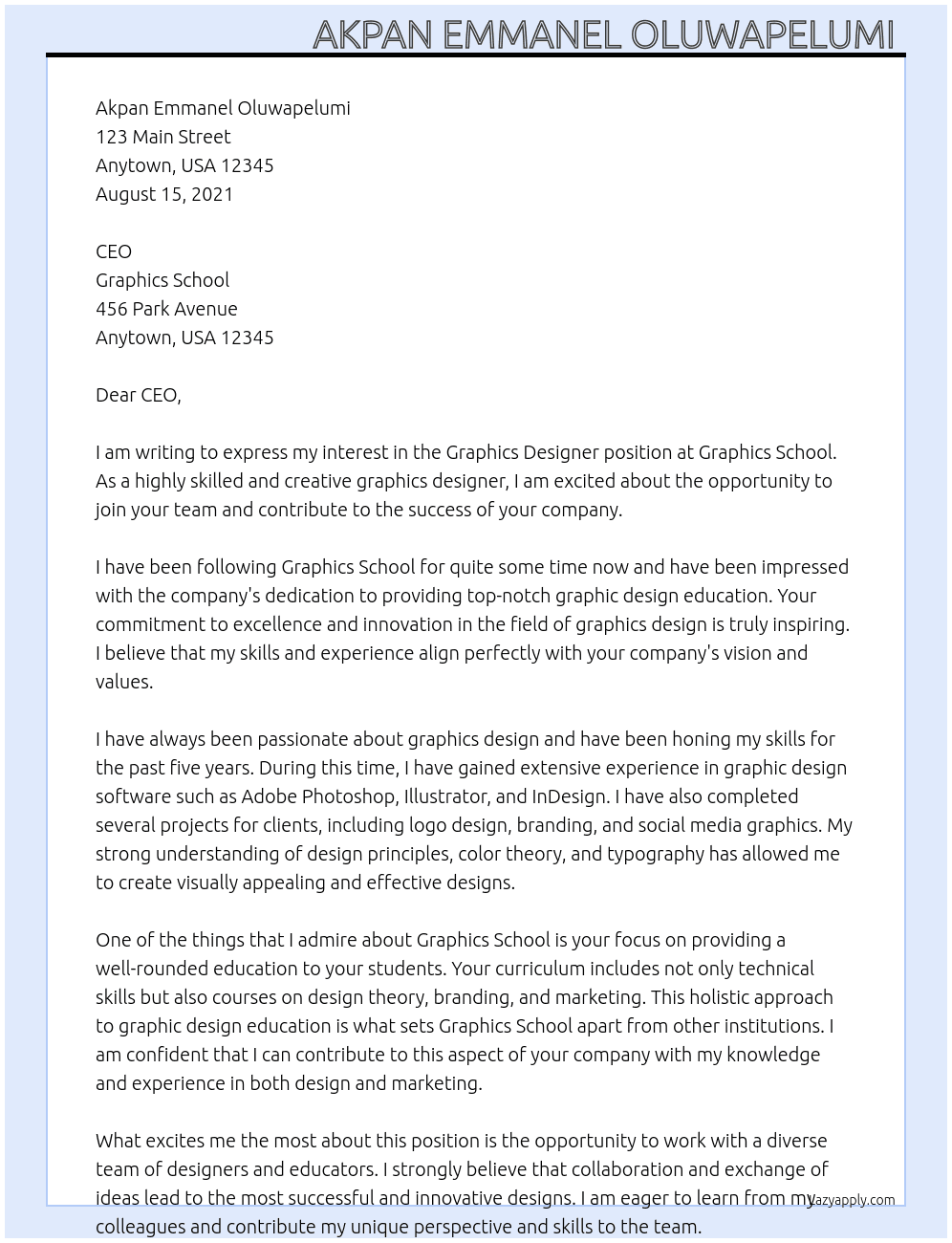 Graphics designer At Graphics school  Cover Letter