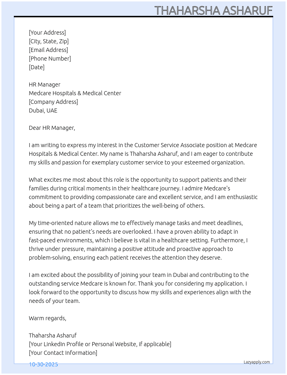 Customer Service Associate At Medcare hospitals&medical center  Cover Letter