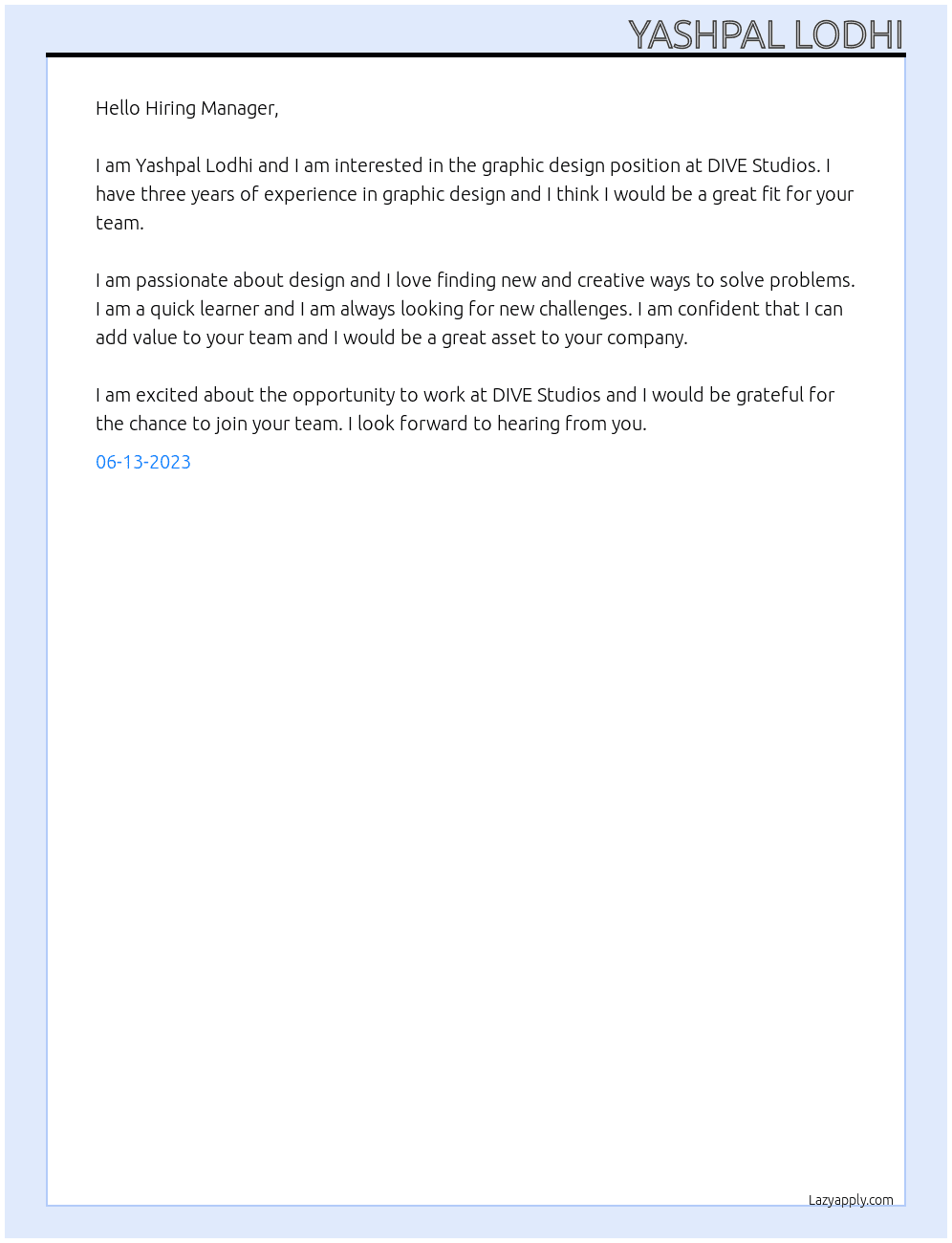 graphic designing At DIVE Studios Cover Letter