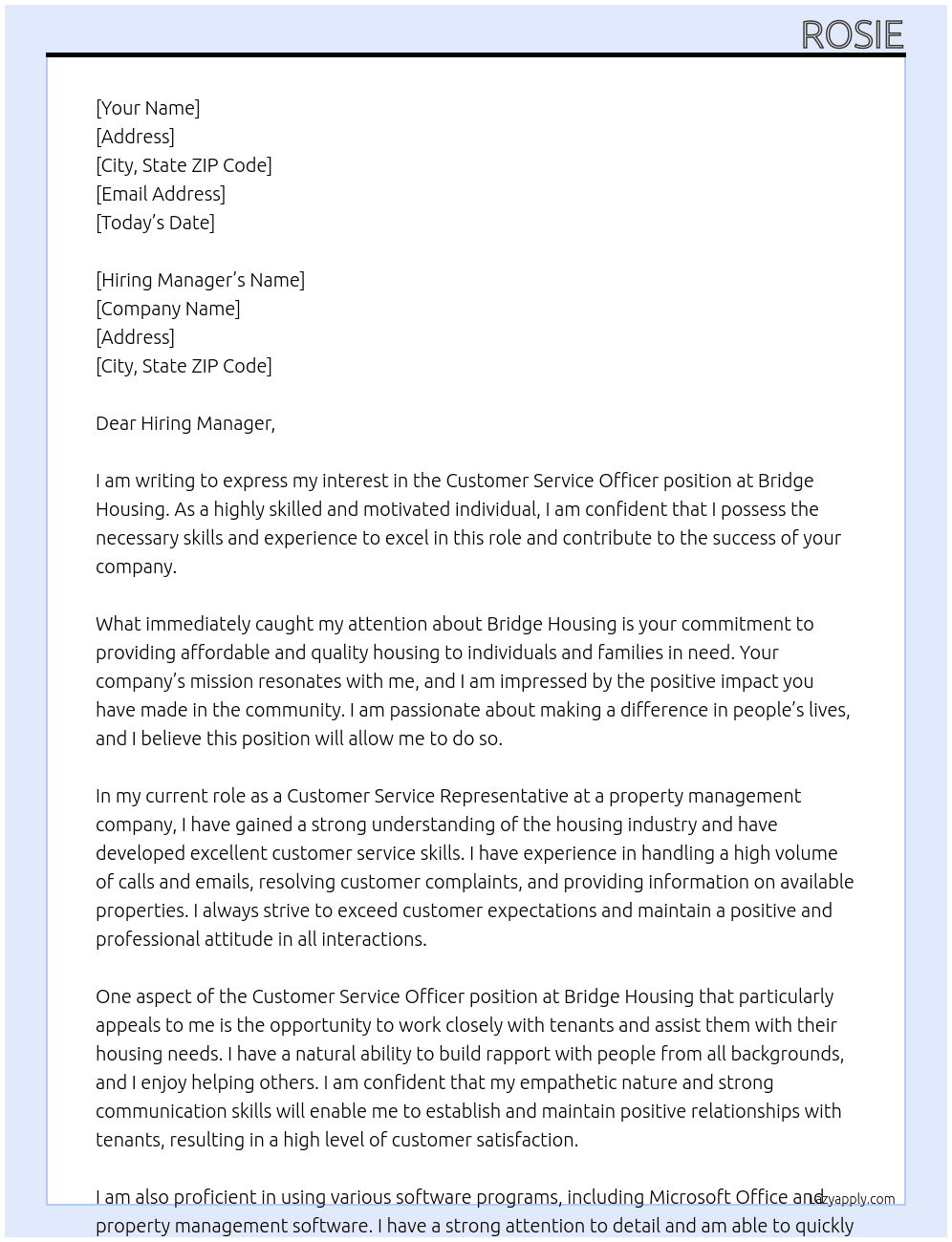 Customer Service Officer At Bridge Housing Cover Letter