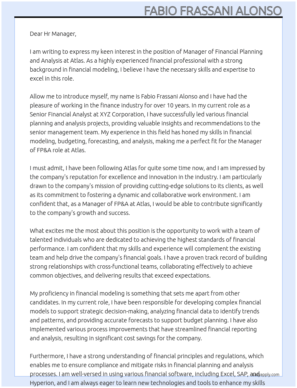 Manager FP&A At Atlas Cover Letter