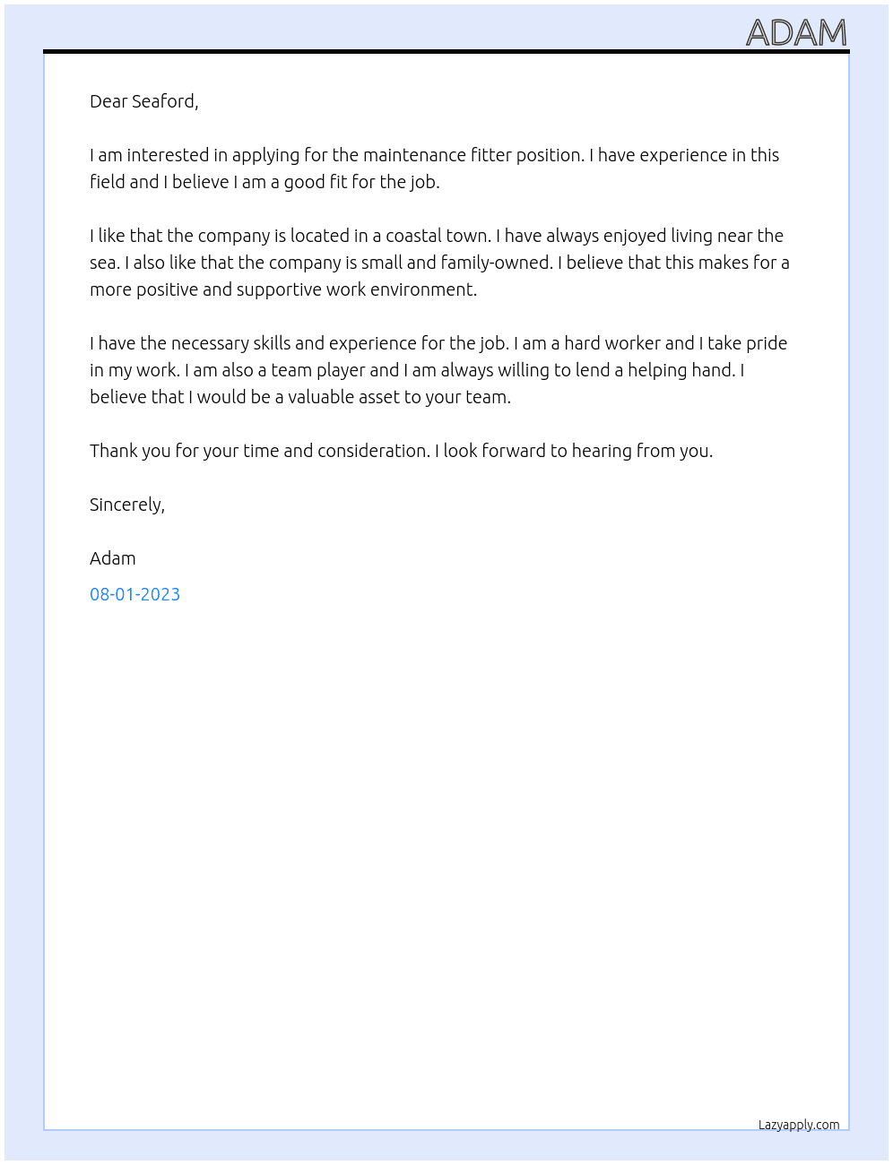 maintenance fitter At seaford Cover Letter