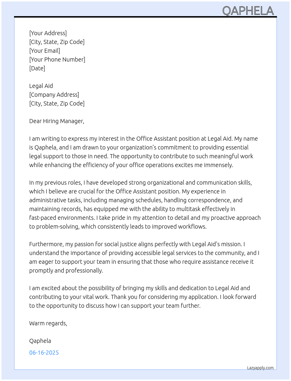 Office Assistant  At Legal Aid  Cover Letter