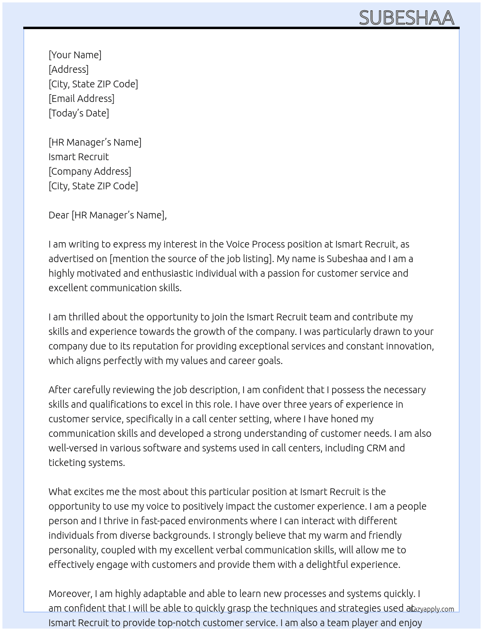 Voice process At Ismart recurit Cover Letter