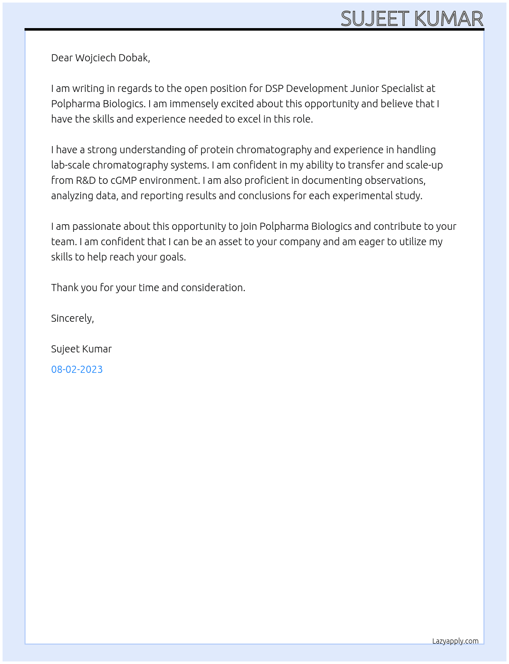 DSP Development Junior Specialist At Polpharma Biologics · Gdańsk, Pomorskie, Poland Cover Letter