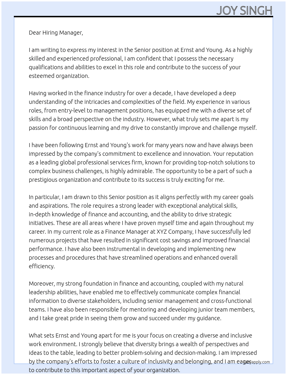 Senior At Ernst and Young Cover Letter