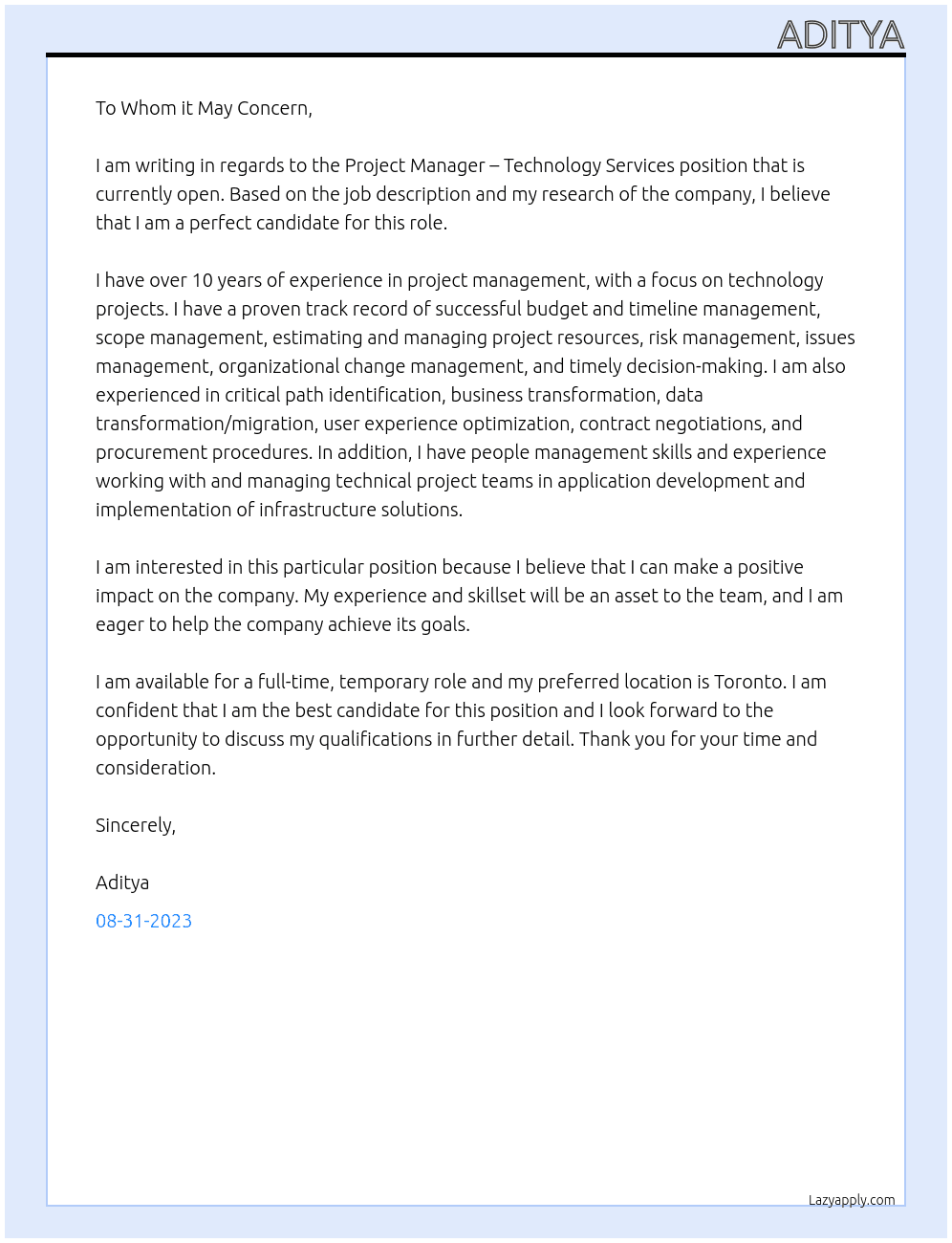 project manager technology services At city of toronto Cover Letter