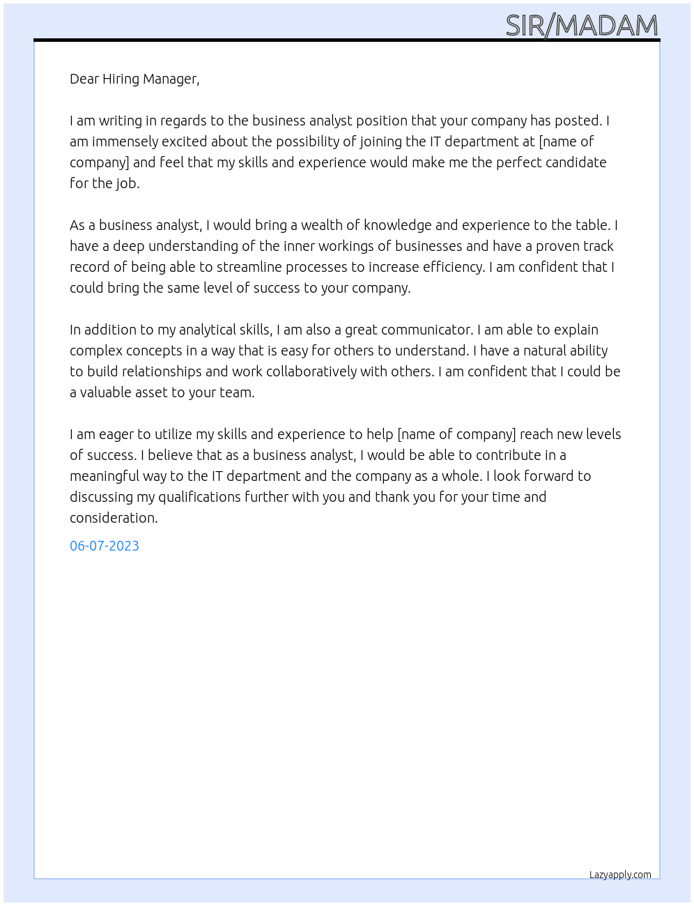 business analyst At IT Department Cover Letter