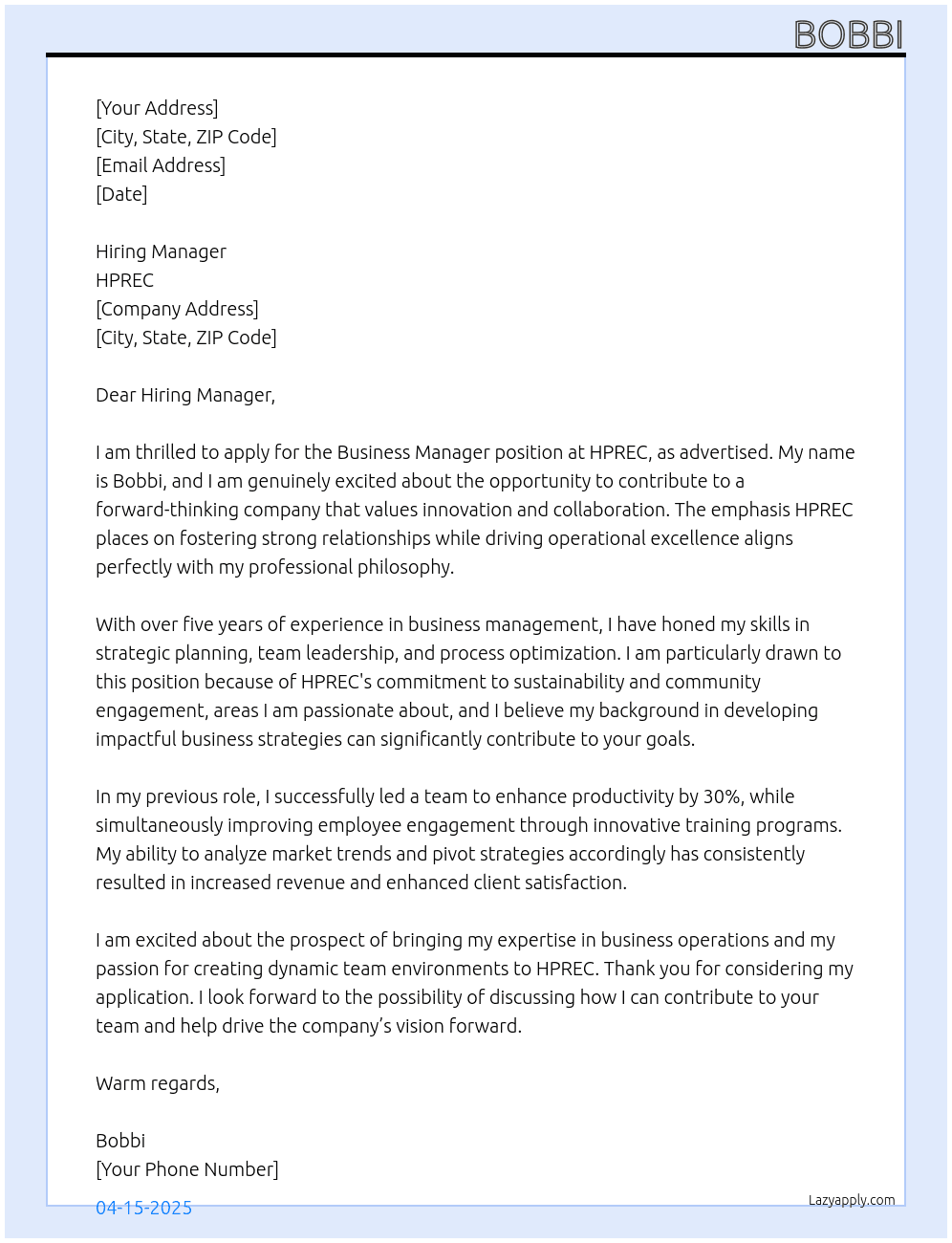 Business Manager At HPREC Cover Letter