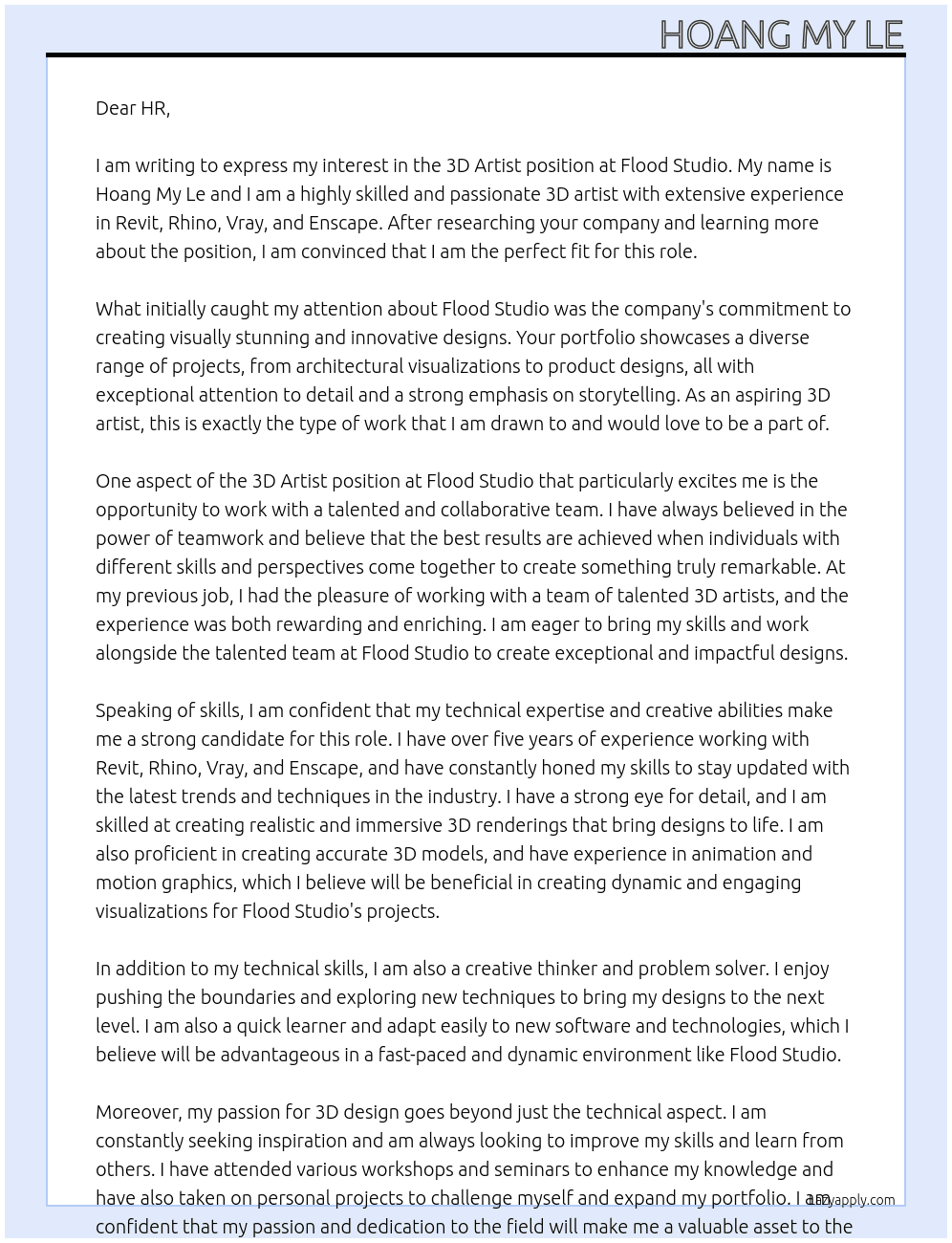 3D Artist At Flood Studio Cover Letter