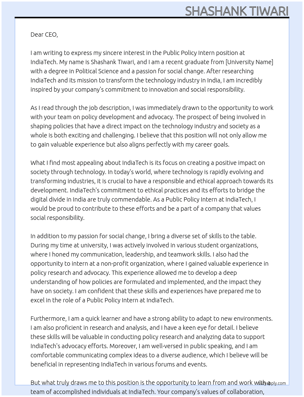 Public Policy Intern At IndiaTech Cover Letter