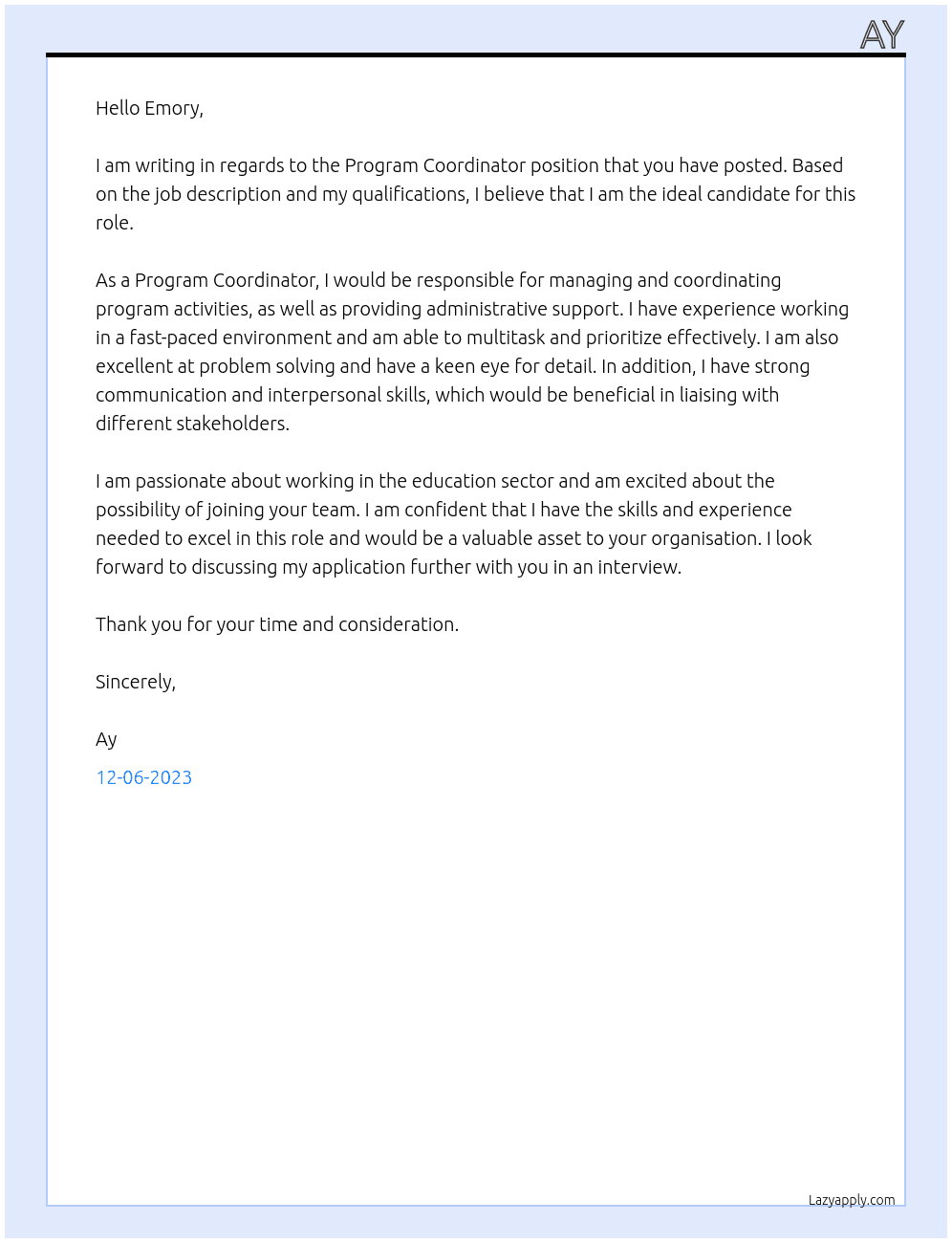 program coordinator At emory Cover Letter