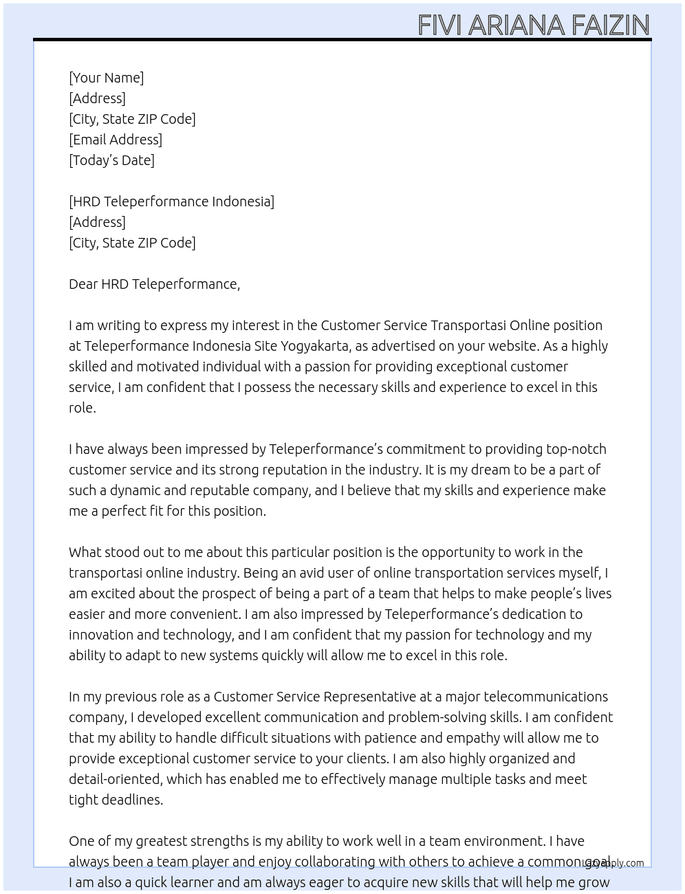 Customer Service Transportasi Online At Teleperformance Indonesia Site Yogyakarta Cover Letter