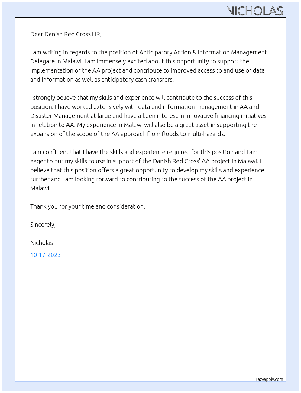 Anticipatory Action & Information Management Delegate in Malawi At Danish Red Cross  Cover Letter