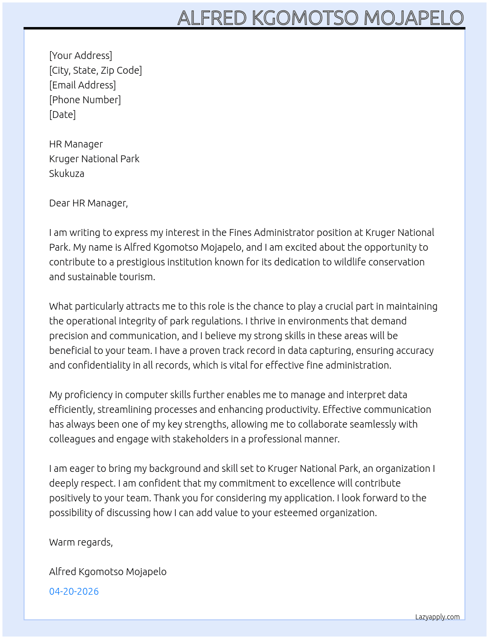 Fines administrator At Kruger National Park, Skukuza Cover Letter
